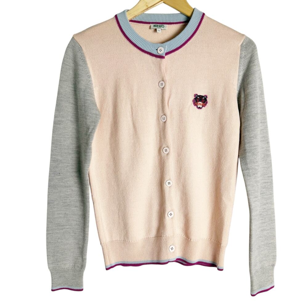 Kenzo Tiger Patch Pink Gray Colorblock Wool Cardigan Sweater Size Small